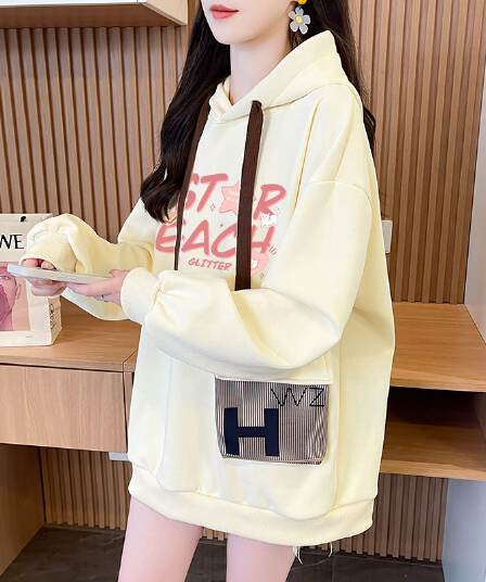 실사 정가 순수한 Mianhua 면 복잡한 우유 실크 이후 패키지 칼라 얇은 스타일 루즈핏 프린트 주머니 후드티
