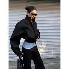 批发100涤纶 廓形收腰松紧拉链<b class='q'>短款</b>夹克潮美式复古黑色棒球服外套女