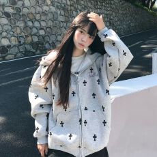 批发薄款/加绒 （纯棉华棉）满印刺绣连帽卫衣女秋冬宽松拉链<b class='q'>开衫</b>