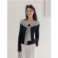 批发气质藏蓝色拼接针织条纹绑带长袖t恤女秋冬季款小众修身纯棉上衣