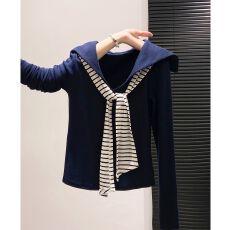 批发条纹披肩条纹系带拼接德绒上衣2025秋季新款<b class='q'>通勤</b>宽松韩版长袖T恤