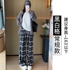 批发磨毛格子复合牛奶丝/贝贝绒格雷系加绒黑灰色阔腿慵懒风格子裤