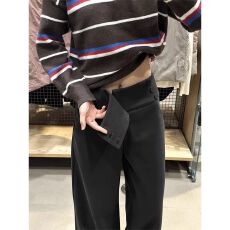 批发深灰色毛呢阔腿裤女秋冬2025新款侧腰纽扣设计宽松显瘦<b class='q'>西装</b>休闲裤