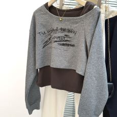 批发实拍韩系字母印花一字肩长袖卫衣+修身背心套<b class='q'>装</b>女春秋新款两件套