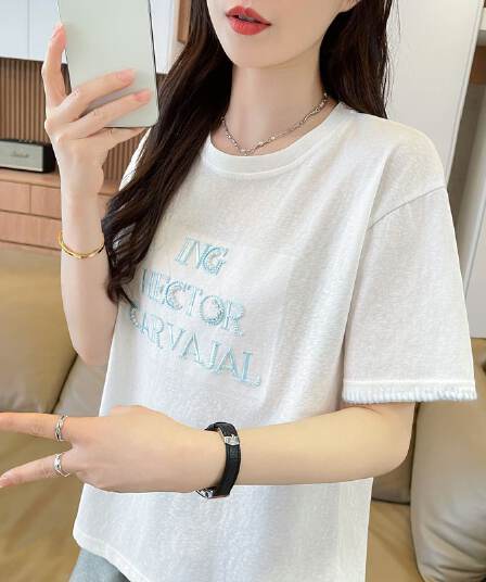 실사 얼음 센스 눈꽃 면 사탕 색상 반팔 셔츠 여성 여름 드레스 반팔 얇은 스타일 비즈 박기 루즈핏 작은 키 맨위
