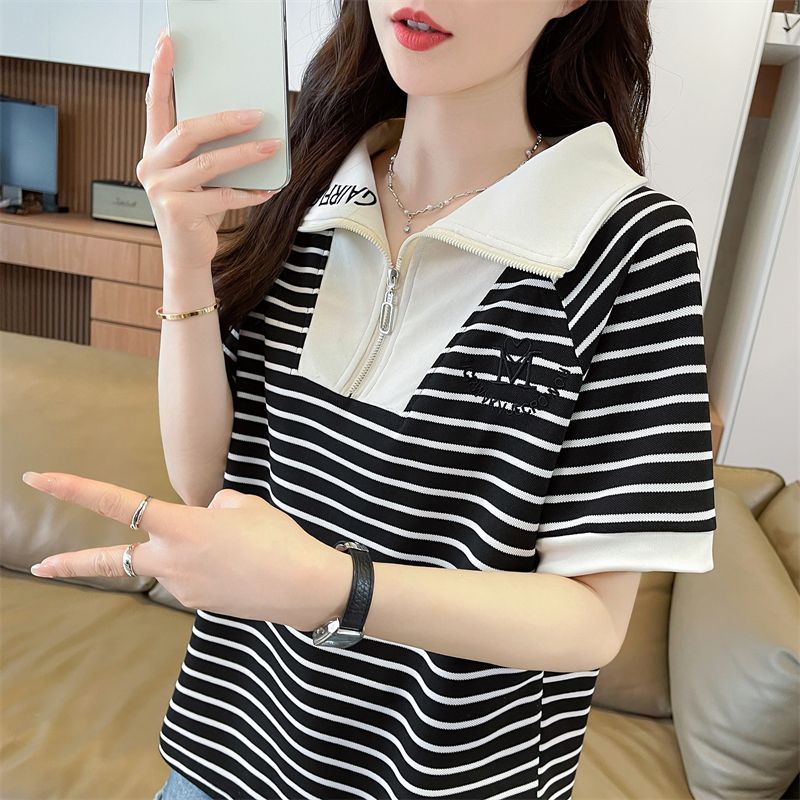 100 폴리에스터 2026 여름 새로운 한국 스타일 스트라이프 셔츠 POLO 칼라 지퍼 반팔 동정 여성