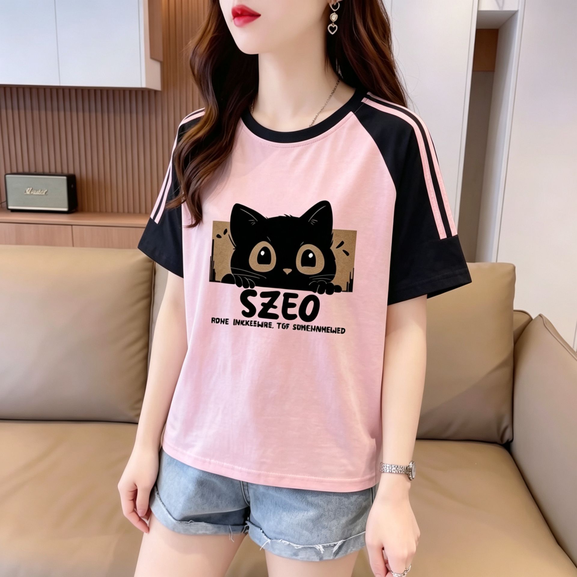 눈꽃 면 65 면 35 폴리에스터 2026 여름 새로운 한국 스타일 삽입 어깨 소매 고양이 프린트 반팔 티셔츠 여성