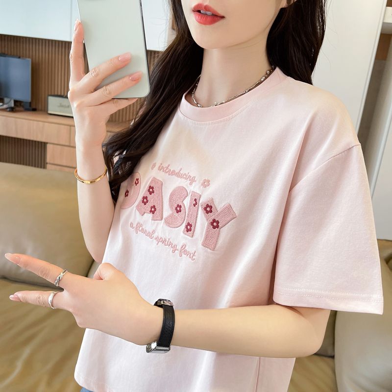실사 62 면 38 폴리 에스터 반팔 셔츠 여성 여름 드레스 반팔 얇은 스타일 3 차원 자수 루즈핏 작은 키 맨위