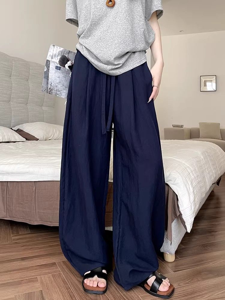 해군 면 린넨 모통이 칼 바지 여성 여름 하이웨이스트 슬림해 보이는 도루 센스 캐주얼 바지 할란 느긋한 바람 아마 와이드 레그 팬츠