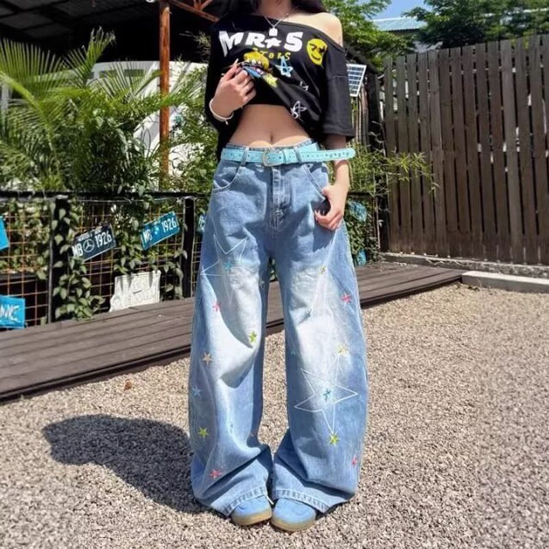 레트로 높음 거리 별 자수 청바지 여성 2026 여름 새로운 캐주얼 워싱 넓은 다리 루즈핏 모통이 칼 바지 트렌디