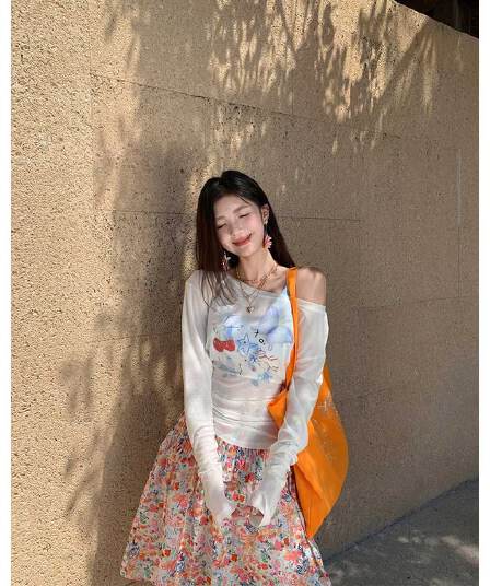 65 면 눈꽃 면 여름 새로운 비스듬한 어깨 긴팔 얇고 가벼운 자외선 차단 Tulle 블라우스 여성 여름 오프숄더 맨위