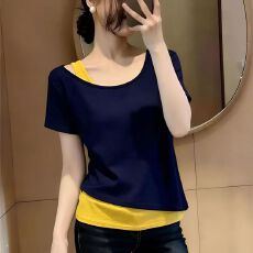 批发设计感小众假两件短袖T恤女夏季<b class='q'>韩版</b>修身内搭打底衫斜肩露肩上衣