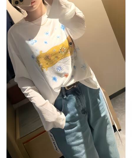 65 면 눈꽃 면 느슨함 센스 만화 프린트 긴팔 티셔츠 여성 여름 느긋한 얇은 스타일 자외선 차단 블라우스 맨위