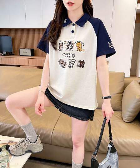 실사 한국 스타일 POLO 칼라 반팔 티셔츠 여성 2026 년 새로운 자수 싸움 플러그 색상 맨위