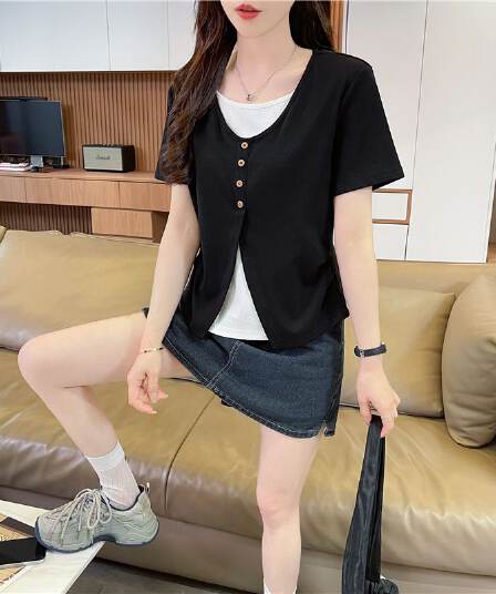 실사 한국 스타일 페이크 레이어드 반팔 티셔츠 여성 2026 년 새로운 디 상마 면 싸움 플러그 색상 맨위