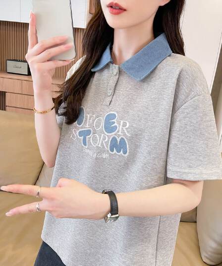 실사 180g 남자 바 면 반팔 티셔츠 여성 여름 얇은 스타일 데님 패치워크 POLO 칼라 루즈핏 작은 키 맨위