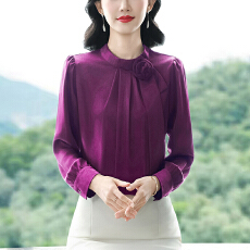 批发2025年新款气质显瘦时尚通勤圆领立体花朵设计长袖飘带<b class='q'>衬衫</b>遮肚女