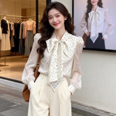 批发2026春款超好看漂亮波点蝴蝶结飘带<b class='q'>衬衫</b>女气质优雅百搭显瘦<b class='q'>衬衣</b>