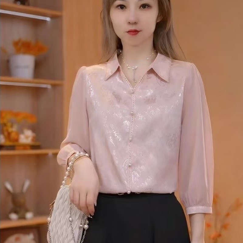 2026 봄 여름 새로운 고급 센스 자카드 셔츠 7부 소매 여성 품격 POLO 칼라 레이스 다용도 슬림해 보이는 셔츠