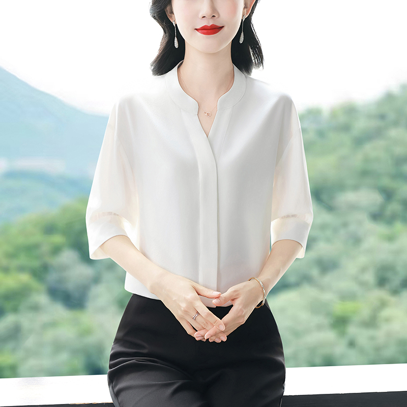 2026 년 디자인 센스 스탠드 칼라 셔츠 여성용 짧은 소매 여름 면접 빛 직장 출퇴근 착용 가져 가라. 품격 긍정적 인 로드 중 셔츠