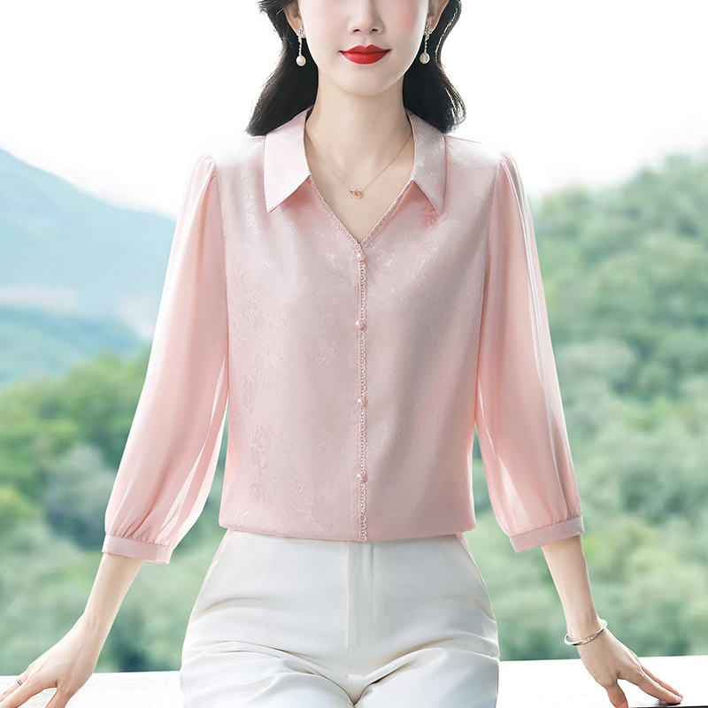 2026 봄 새로운 고급 센스 자카드 비즈 박기 7부 소매 아세트산 공단 여성 셔츠 진주 실 작은 대중 외국 가스 맨위