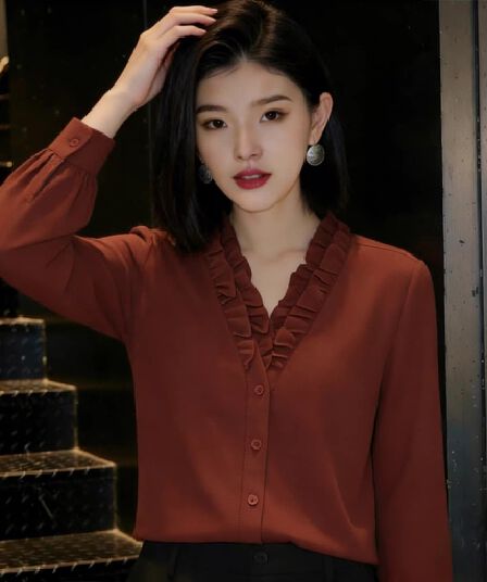 2026 가을 새로운 긴팔 여성 셔츠 다용도 루즈핏 레이스 V넥 슬림해 보이는 맨위 풀오버 품격 셔츠