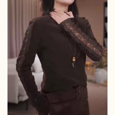 批发韩版气质蕾丝镂空半高领长袖T恤女秋冬时尚简约百搭<b class='q'>打底衫</b>上衣