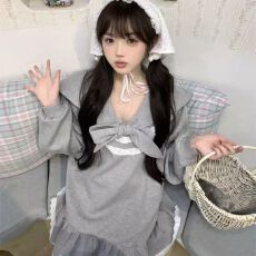 批发学院风<b class='q'>可爱</b>少女海军领蝴蝶结绑带荷叶边裙冬季新款宽松加厚卫衣裙