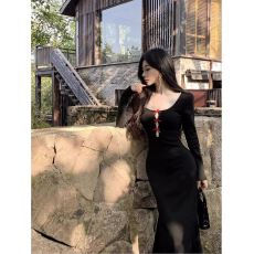 批发2025精选<b class='q'>欧美</b>法式辣妹茶歇蝴蝶结针织连衣裙黑色御姐修身包臀<b class='q'>长裙</b>