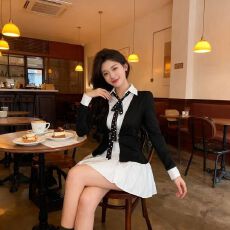 批发叠穿套装针织外套白色<b class='q'>衬衫</b>连衣裙两件套女胖mm早秋穿搭一整套