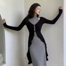 批发灰色高级感穿搭开衫<b class='q'>连衣裙</b>两件套女秋季轻熟风气质修身包臀裙套装