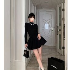 批发法式赫本风富家千金蓬蓬公主<b class='q'>连衣裙</b>女春秋冬气质高级感小黑裙套装