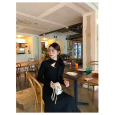 批发小个子女早秋气质黑色裙子洋气长裙好看新款长袖<b class='q'>连衣裙</b>