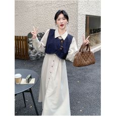 批发2025新款韩系连衣裙套装学院风减龄米杏色<b class='q'>衬衫</b>裙<b class='q'>牛仔</b>马甲两件套