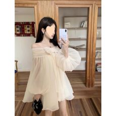 批发法式蝴蝶结一字肩<b class='q'>泡泡袖</b>雪纺皱<b class='q'>连衣裙</b>甜美露肩宽松飘逸仙女短裙女