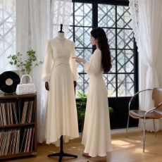 批发修身显瘦长袖秋冬装法式优雅V领<b class='q'>雪纺</b>长裙新款收腰大摆<b class='q'>连衣裙</b>