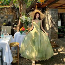 批发有内衬#小众别致扎染吊带连衣裙女夏季绿色清新气质<b class='q'>大摆裙</b>长裙