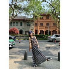 批发慵懒格子套装女无袖荡领<b class='q'>背心</b>上衣+长款半身裙两件套显瘦