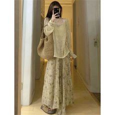 批发<b class='q'>镂空</b>网格<b class='q'>罩衫</b>女春夏薄款外搭宽松慵懒风防晒<b class='q'>针织</b>长袖T恤露肩上衣