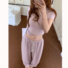 批发休闲<b class='q'>运动</b>风紫色短款短袖T恤上衣条纹宽松紧阔腿裤两件套套装女夏