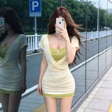 批发纯欲性感绿色套装女夏季辣妹<b class='q'>修身</b>褶皱短袖T恤内搭包臀短裙两件套