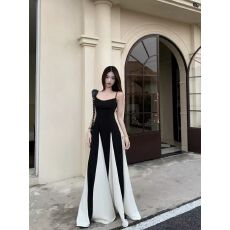 批发法式拼接撞色<b class='q'>吊带</b>连衣裙女装夏季设计感收腰a字裙子大摆拖地<b class='q'>长裙</b>