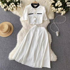 批发跨境热卖淑女套装女立领撞色短款上衣A字<b class='q'>百褶</b>半身裙两件套潮