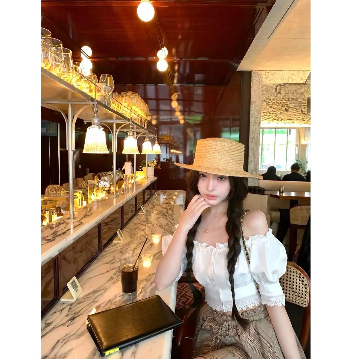 세트 여성 2026 여름 새로운 순수한 욕망 바람 핫걸 오프숄더 레이스 쇼트 스타일 셔츠 맨위 체크무늬 반신 스커트