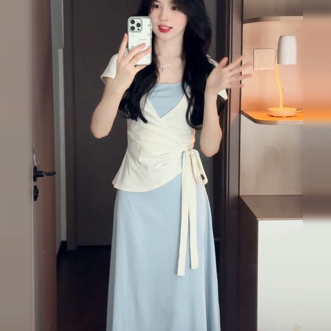 프랑스식 달콤한 스타일 광장 칼라 파란색 드레스 패션 여름 민소매 레이스업 허리 수축 소녀 세트 롱 스커트 코디