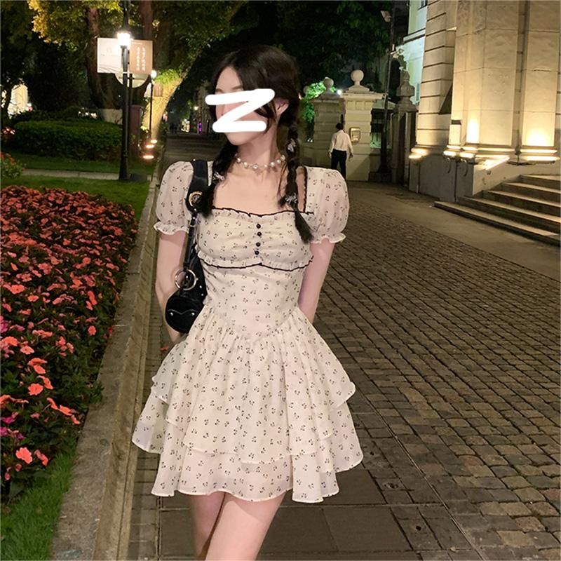 새로운 순수한 욕망 여성 드레스 여름 작은 키 허리 수축 달콤함 나비 매듭 프랑스식 디자인 센스 작은 대중 미니 스커트