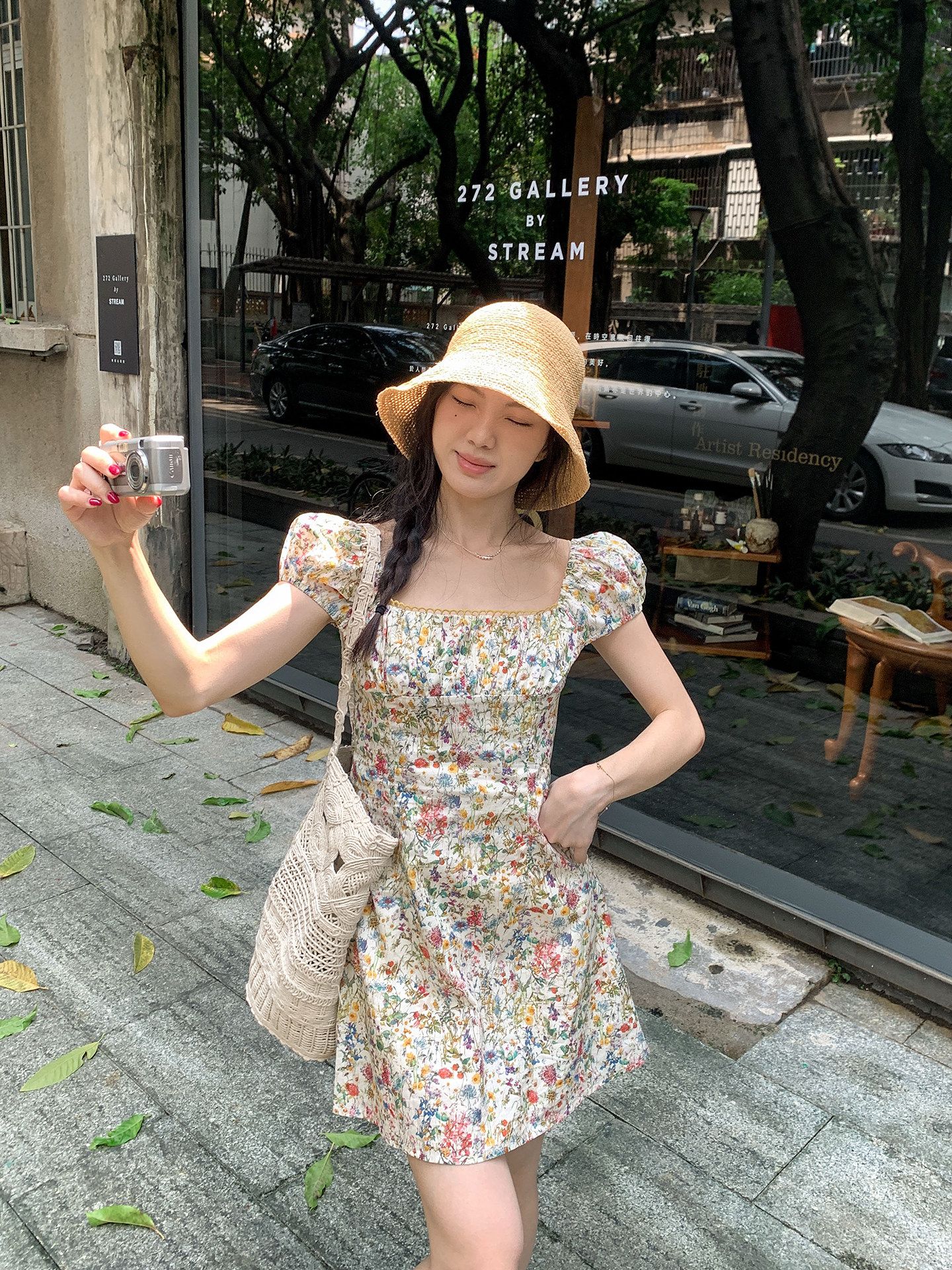 프랑스식 전원 바람 꽃무늬 여성 드레스 여름 휴가 바람 레트로 라운드 넥 거품 소매 달콤함 꼬집기 허리 품격 미니 스커트