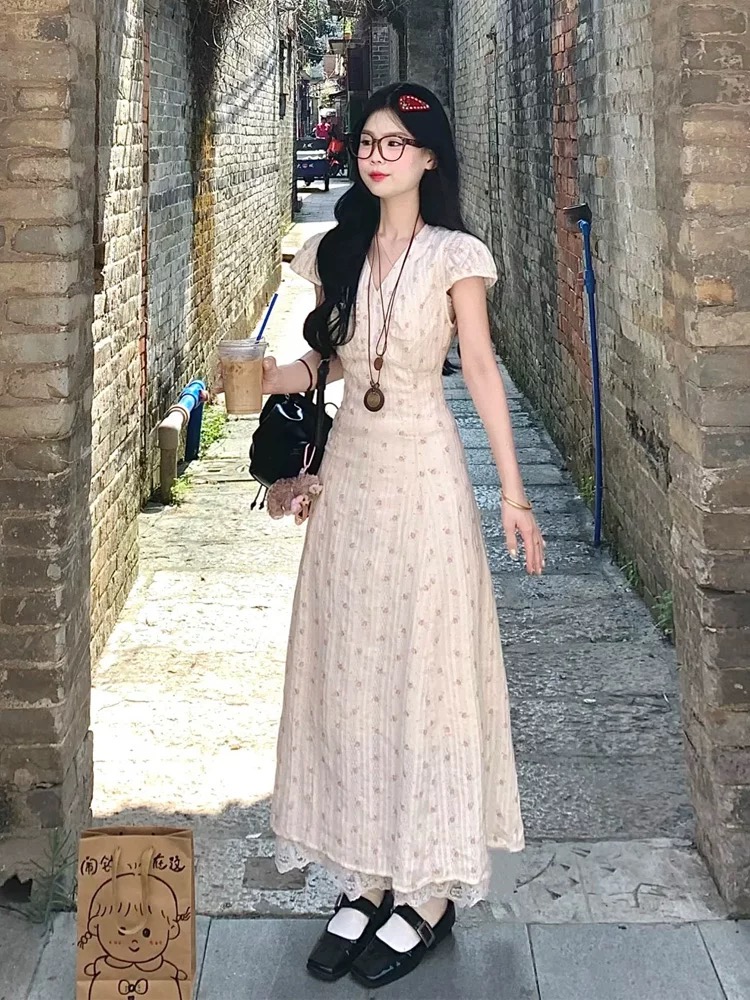 학원 스타일 달콤함 꽃무늬 허리 수축 여성 드레스 여름 부드러운 품격 첫사랑 공주 드레스 몸매 가꾸기 롱 스커트 작은 키