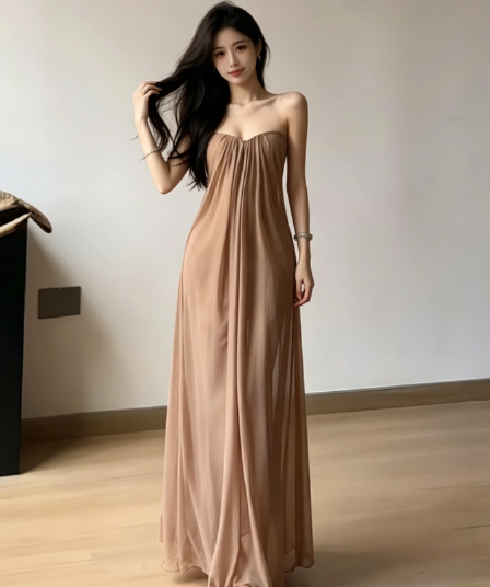 2026 새로운 봄 여름 부드러운 바람 튜브탑 망사 여성 드레스 이른 봄 고급 센스 품격 롱 스커트 휴가 치마