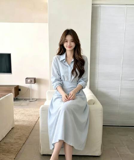 하늘색 폴로 칼라 긴팔 셔츠 여성 드레스 허리 수축 트위스트 출퇴근 미니멀리즘 부드러운 품격 슬림해 보이는 작은 대중 디자인 센스